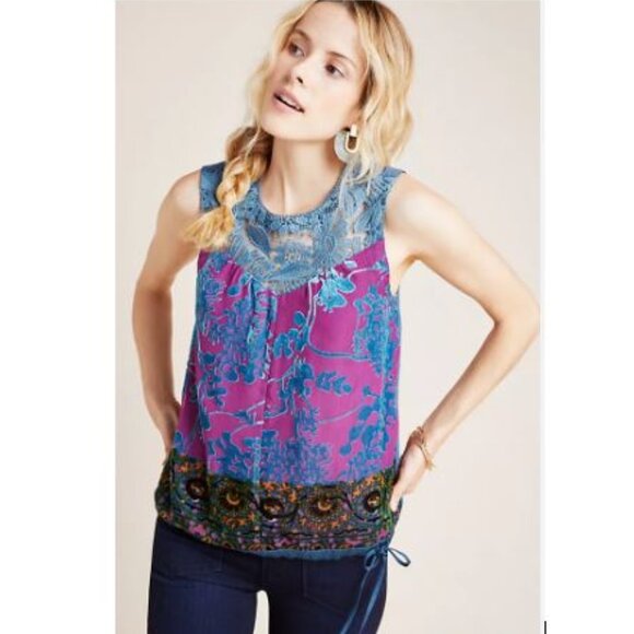 Mika Lacy Velvet Top in Navy Motif by Tiny from Anthropologie - Size Small - NEW - Picture 1 of 7